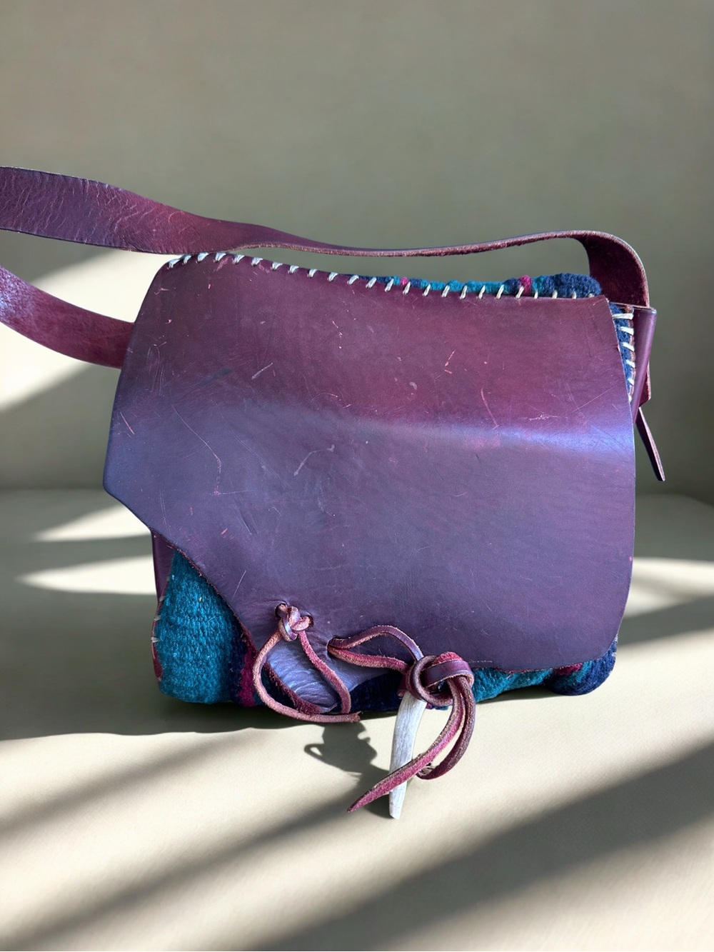 VTG Handmade Saddle Leather & Horse Blanket Crossbody Bag Boho Western Artisan